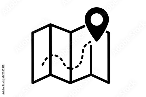 Folded paper map with GPS location pin icon, dashed navigation route path, travel direction planner, tracker, location marker symbol, black outline vector pictogram illustration