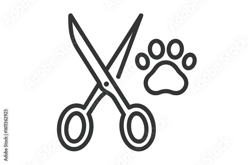 Pet grooming logo with scissors and paw print. Dog and cat hair salon line icon. Animal care, veterinary or beauty service symbol for groomer. Vector illustration.