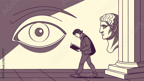 A person reading a book while walking past a large eye and a bust on a column in a museum hall