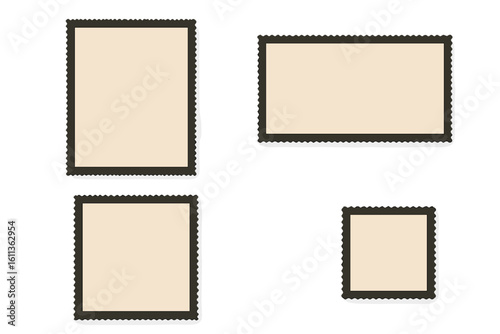Vintage postage stamp collection. Set of retro blank stamps with serrated edge border for mail and letters. Empty old paper post card template isolated on white background.