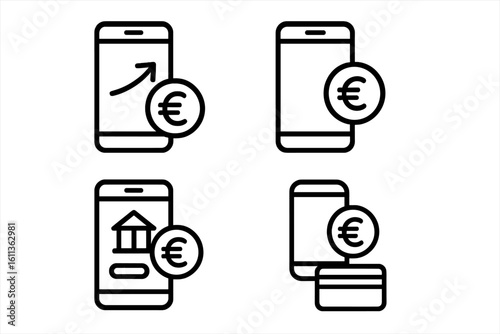 Mobile money transfer and digital banking line icon set. Smartphone euro payment symbol, online bank service, contactless card pay, financial app UI illustration, fintech vector