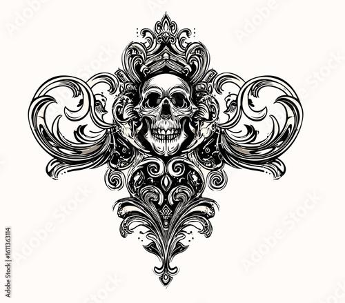 A monochromatic human skull with intricate baroque flourishes,