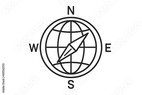 Navigation compass globe with meridians cardinal directions flat linear design vector icon. World map geography travel symbol transparent background illustration