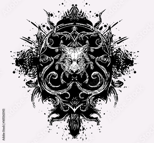 A fierce boar head tattoo design with sharp angular features and piercing eyes,