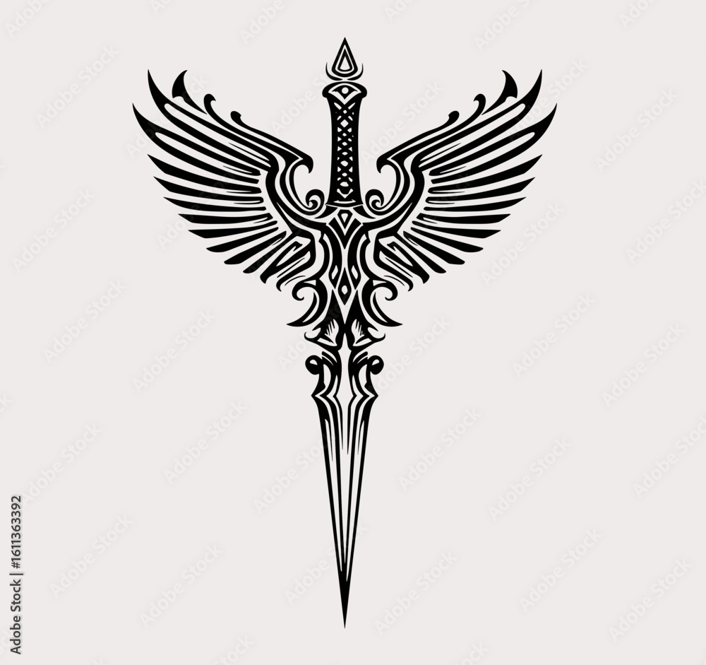 Fototapeta premium A detailed black tattoo design features a long sword with a flame-like Mobius ring on the hilt,