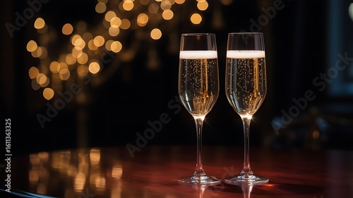 Two champagne flutes filled with bubbly golden liquid and foam on a reflective surface with bokeh lights background