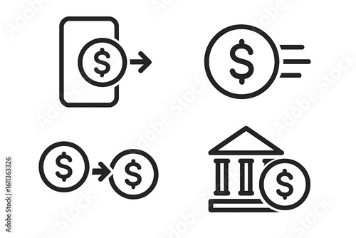 Mobile phone payment, fast money transfer icons set, dollar coin, peer to peer exchange, online banking deposit, fintech finance outline symbols, editable stroke vector illustration