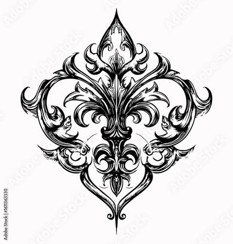 Intricate ornate botanical tattoo design with thematic chrome detailing, angular geometric shapes,