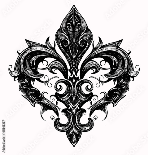 Intricate black and white fleur de lis design with ornate swirls and flourishes, symmetrical baroque gothic art style,