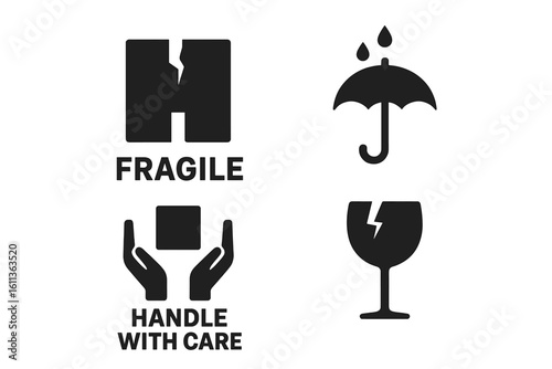 Fragile package icons set. Handle with care, keep dry, and other logistics and delivery shipping labels. Cargo warning vector signs for packaging and boxes. Isolated element.