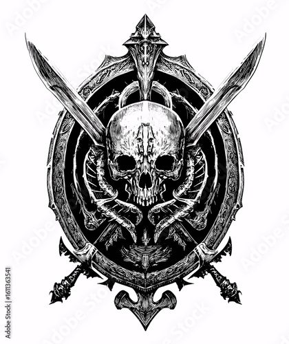 A black and white illustration featuring a highly intricate ribcage frame design with detailed skeletal elements and art