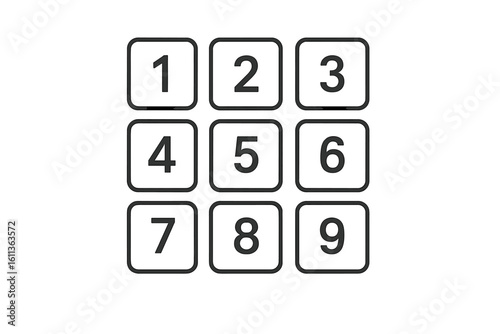 Minimal numeric keypad dial pad vector illustration. Flat square buttons with numbers 1 to 9, black outline, isolated on transparent background. App UI, phone interface icon set.