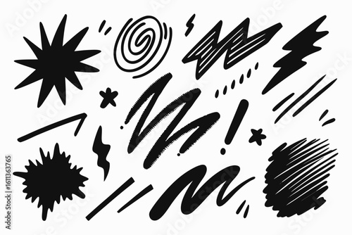 Hand Drawn Doodle Elements in Black and White a collection of abstract shapes stars lines swirls and scribbles for design accents and creative illustrations