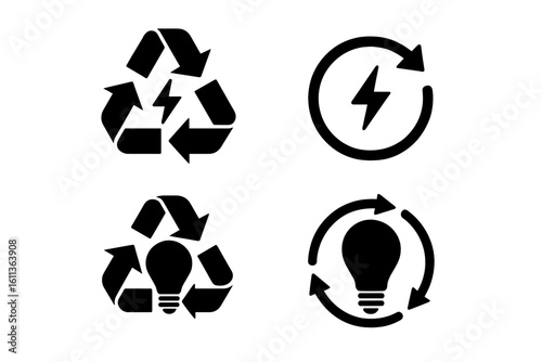 Renewable energy recycling icon set with arrows, lightning bolt and light bulb symbols. Sustainable electricity, eco power reuse, circular economy concept, vector illustration