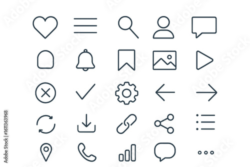 Line icon set web mobile user interface UI UX vector pack outline linear style transparent background navigation communication social media design elements