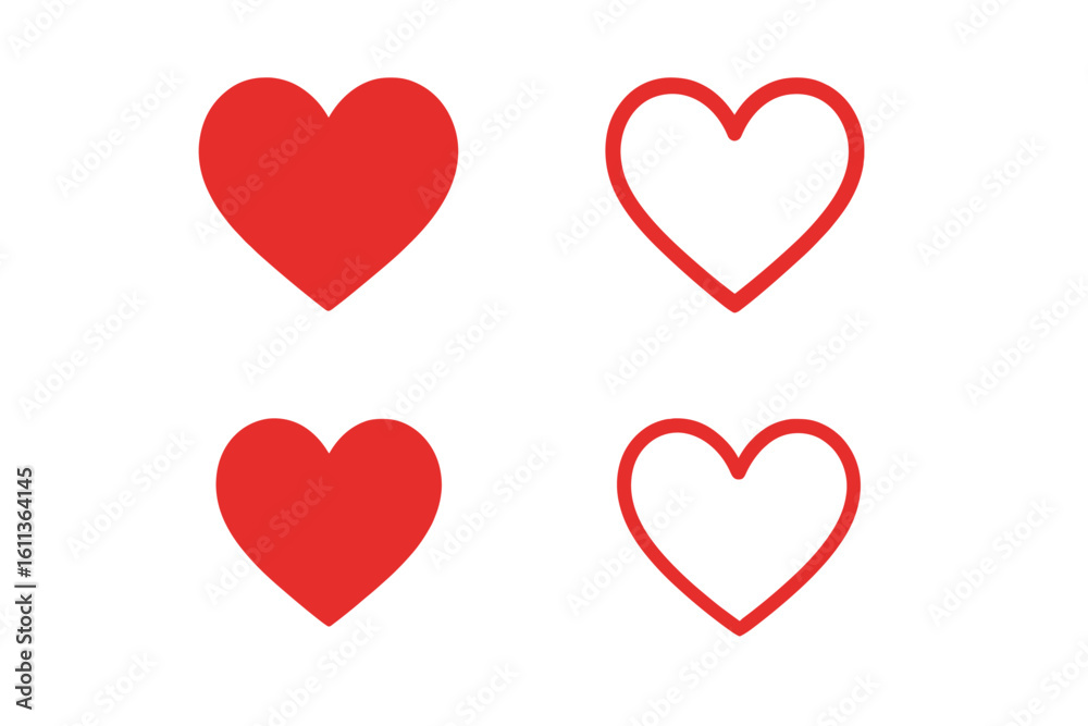 Red heart icon set with filled and outline love symbols, vector illustration for social media likes, romance, Valentine design, isolated on white background, graphic resource Red heart icon set with filled and outline love symbols, vector illustration for social media likes, romance, Valentine design, isolated on white background, graphic resource