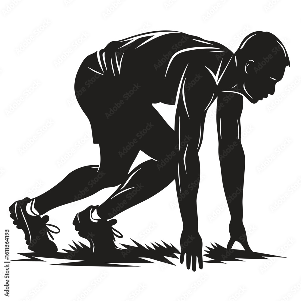 Fototapeta premium Silhouette of a Runner in Starting Position Ready to Sprint at the Starting Line