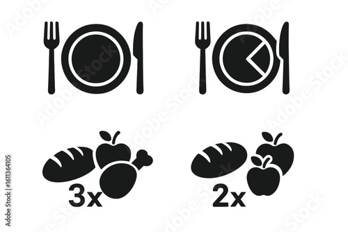 Healthy eating and diet concept. Vector icon set with portion control plate, fork, knife. Recommended food servings for nutrition plan. Meal prep and calorie counting icons.