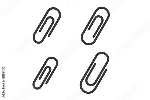 Paper clip icon set. Simple line art collection for office and school supplies. Vector paperclip icons isolated for business documents. Minimalist stationery graphics.