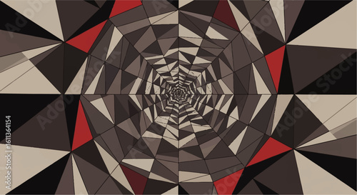Abstract geometric pattern with triangles and lines, creating a tunnel or vortex effect, with red accents.