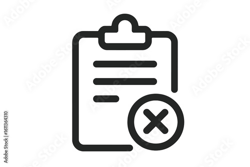 Rejected document clipboard icon with cross mark symbol. Cancelled paperwork, denied form, disapproved file, wrong checklist, error report emblem. Flat vector UI UX glyph illustration