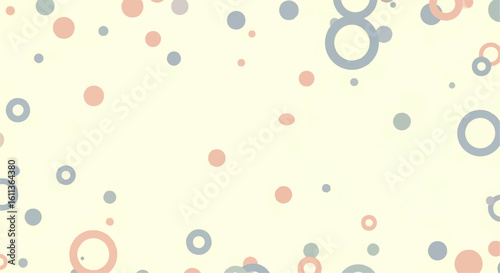 Abstract background with scattered circles and rings in pastel pink, blue, and beige colors.