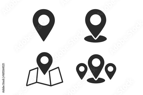 Map pin location icon set. GPS navigation pointer symbol for destination and address. Flat vector marker for web, app, and user interface design. Route finding element.
