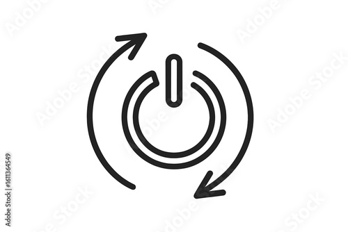 Restart reboot power button icon with circular rotating arrows, system reset power cycle refresh loop symbol, outline vector illustration isolated on white background, tech concept