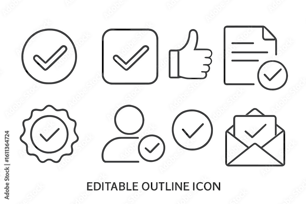 © Jane - Check mark and approval line icon set. Concepts for success, quality, validation, confirmation. Thumbs up, approved document, verified user. Editable outline vector icons.