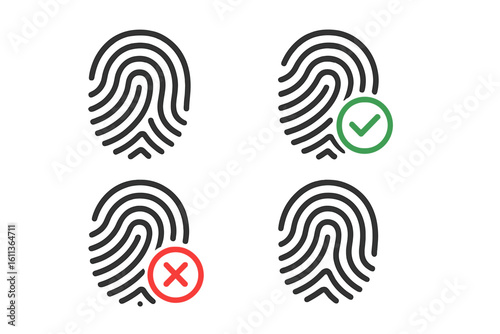 Fingerprint authentication icon set with biometric thumbprint scan, approved green check, rejected red cross, identity security verification symbol for mobile app UI web vector