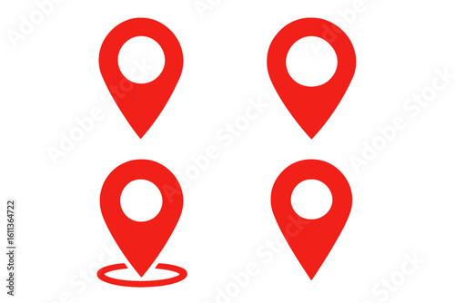 Red map pin icon set – GPS location markers, geotag pointers for mobile app UI, web locator and navigation design elements, vector illustration for travel maps