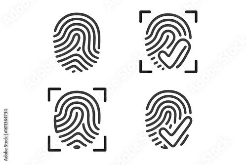 Fingerprint scan icon set with biometric ID, digital security checkmark approval, mobile app UI login, secure access authentication, outline vector on transparent background
