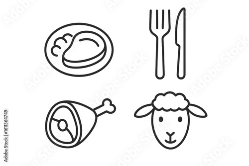 Restaurant food icons linear outline style. Meat dishes pork beef lamb cutlery fork knife. Vector dining cafe web app symbols set. Minimalist line art culinary