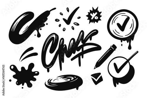 Hand Drawn Vector Graffiti Style Elements with Check Marks Pencil Splatters and Lettering in Black Ink Perfect for Design Projects and Creative Visuals