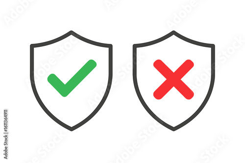 Shield icon set with green checkmark and red cross. Success error validation indicators. Approved rejected status badges for app UI UX web interface, antivirus protection vector