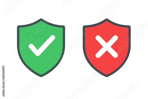 Security shield icons set featuring green approval check mark and red denial X cross, protection concept, antivirus badge for web app UI, flat vector on transparent background