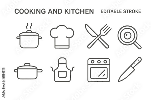 Cooking and kitchen line icon set. Editable stroke vector illustration. Culinary symbols for food blog, restaurant menu, website. Chef hat, pot, pan, apron, oven, knife.