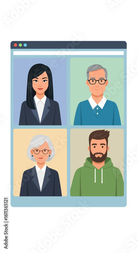 A virtual meeting with four diverse individuals participating in a video conference.