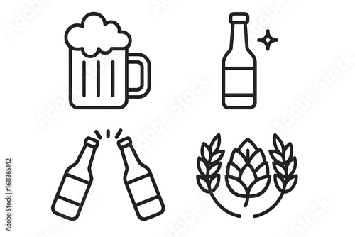 Beer icons set linear outline style. Bottle mug hops brewing symbols vector graphics. Web app design elements. Alcohol beverage drink pub bar restaurant icons