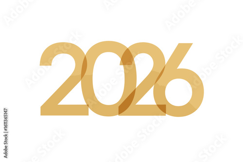 2026 golden overlapping number typography for New Year celebration, minimalist vector digits, PNG design element for greeting card, social media banner, poster, website, calendar