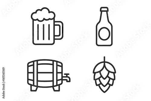 Beer brewing alcohol icons set. Vector linear flat style symbols for web applications websites. Craft beer mug bottle barrel hops. Brewery alcoholic drinks graphic elements