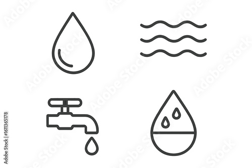 Water drop icons set. Linear flat vector collection tap faucet waves liquid hygiene plumbing web app design elements. Minimal outline style water symbols utility