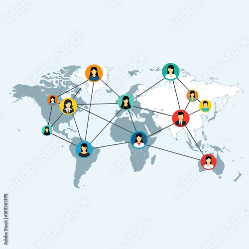 Global network of people connected by lines, representing international communication and collaboration.