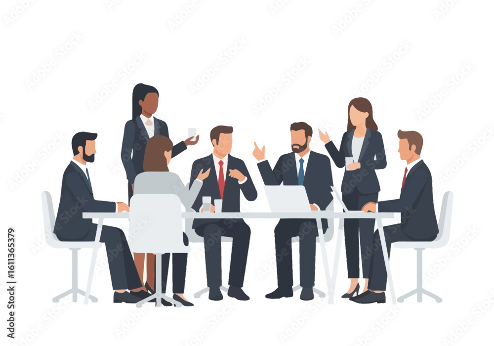 Obraz premium A diverse group of business professionals are gathered around a table, engaged in a meeting, discussing ideas and collaborating on a project.