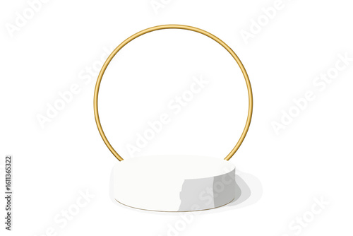 Minimalist white podium with elegant gold ring frame, blank cylinder pedestal for product presentation, display stage, 3D vector illustration, isolated transparent background