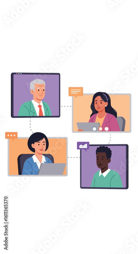 Four people engaged in a virtual meeting, displayed in individual video frames, connected by lines and chat bubbles.