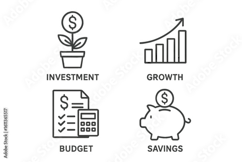 Finance icons set. Investment, growth, budget, and savings concepts. Vector line art pictogram collection for business, economy, website, app, and presentation graphic.