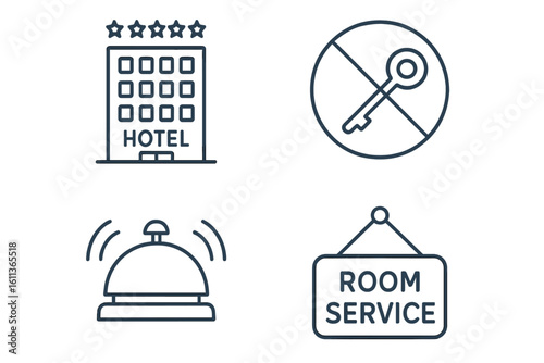 Hotel hospitality service icons set. Linear flat style vector graphics for websites applications. Accommodation travel lodging symbols. Bell reception room service key building