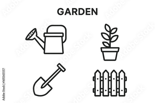 Garden tools icons set. Vector gardening equipment symbols in flat linear style for websites, applications and graphic resources. Watering can, plant pot, shovel, fence.