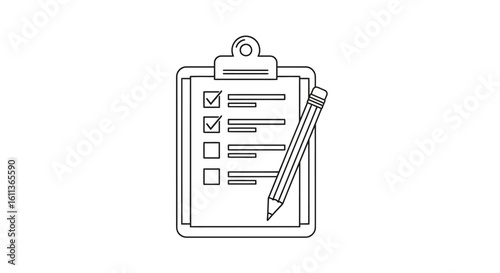 A clipboard with a checklist, two items marked with checkmarks, and a pencil lying on top, all in a simple line art style.